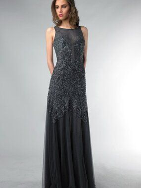 D5974L Sequin Cascade Tulle Evening Gown - Charcoal